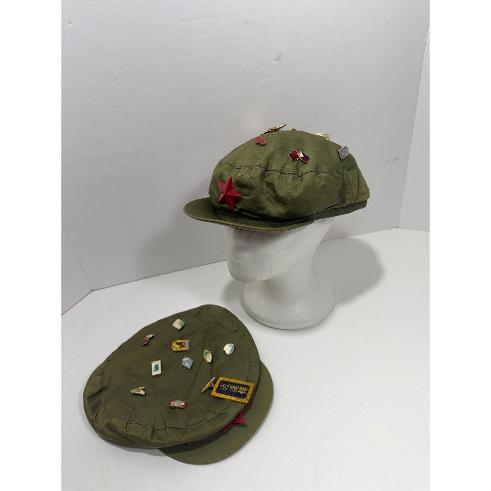 Vintage Olive‎ Drab China Military Field Cap Red Star w Enamel Souvenir Pins Hat